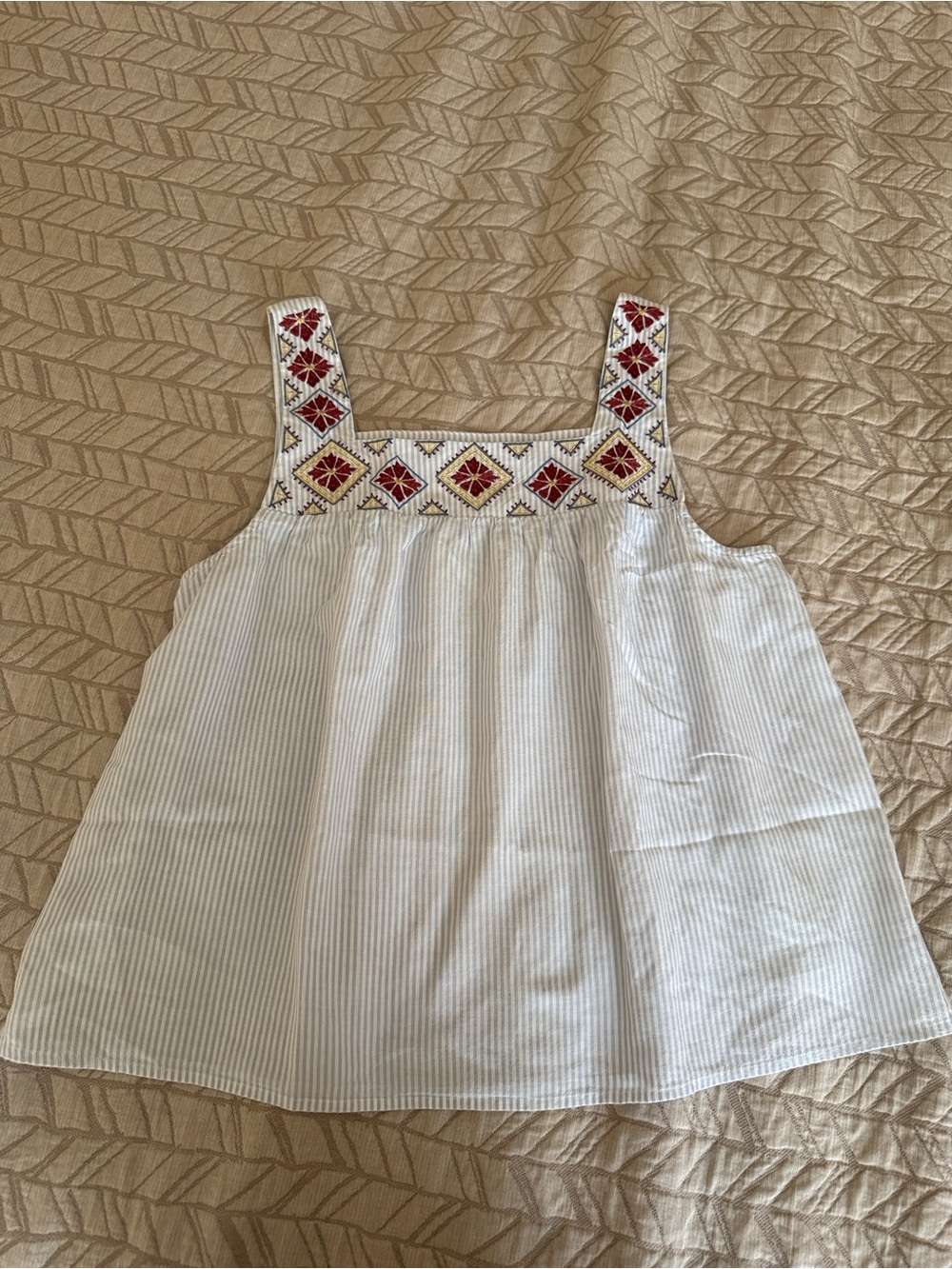 Madewell White Pinstripe Tank with Red & Gold Embroidered Yoke